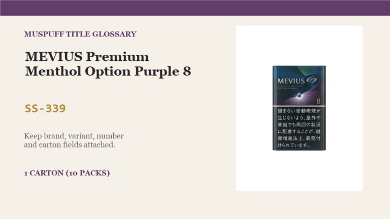 MusPuff title glossary graphic with the live MEVIUS Premium Menthol Option Purple 8 image, SS-339 and labelled title fields